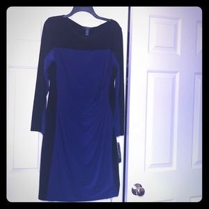 Chaps Black & Royal blue, long sleeve ruched dress